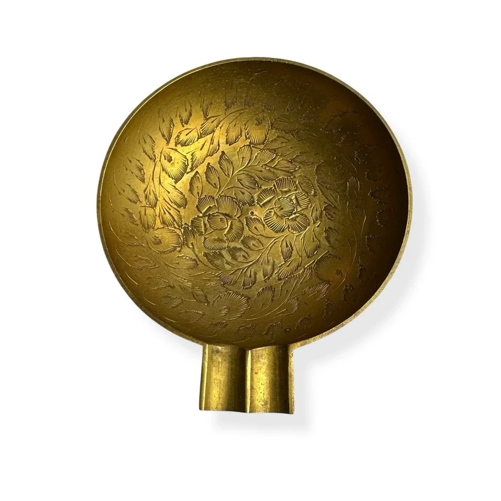 Vintage Mid‎ Century Brass Ashtray Cigarette Cigar India Ornate Marked Metal 4